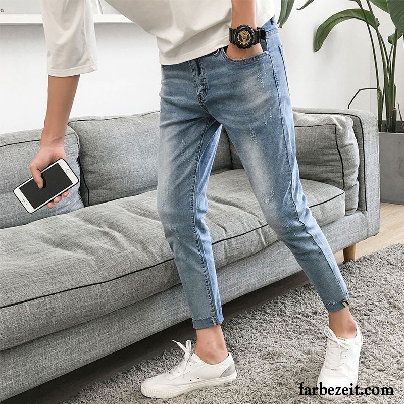 Jeans Herren Schwarz Neu Waschen Hose Löcher Hell Schmales Bein Schlank Neunte Hose Grau Jeans Allgleiches Trend Kaufen