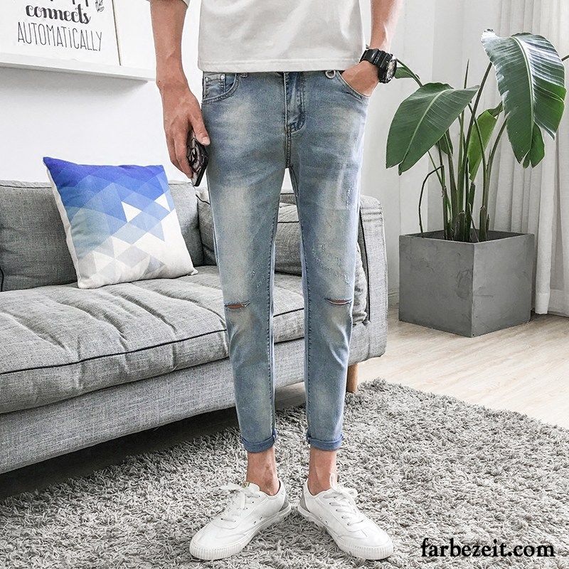 Jeans Herren Schwarz Neu Waschen Hose Löcher Hell Schmales Bein Schlank Neunte Hose Grau Jeans Allgleiches Trend Kaufen