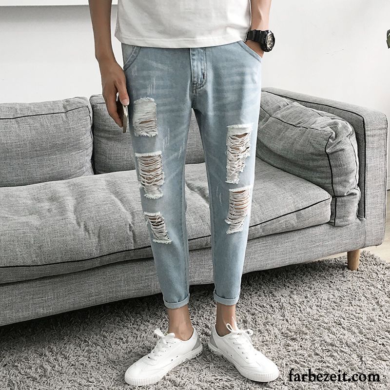 Jeans Herren Schwarz Neu Waschen Hose Löcher Hell Schmales Bein Schlank Neunte Hose Grau Jeans Allgleiches Trend Kaufen