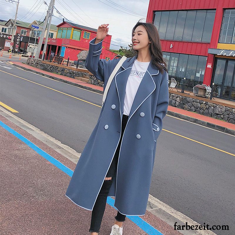 Wollmäntel Mit Lederärmeln Neu Überzieher Blau Damen Lose Trend Feder Herbst Langer Abschnitt Mantel Schüler Kaufen