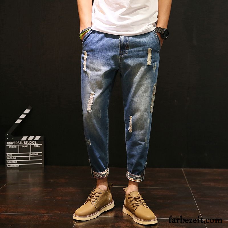 Sommer Jeans Männer Jeans Trend Herren Sommer Neunte Hose Löcher Dünn Große Größe Lose Fett Blau