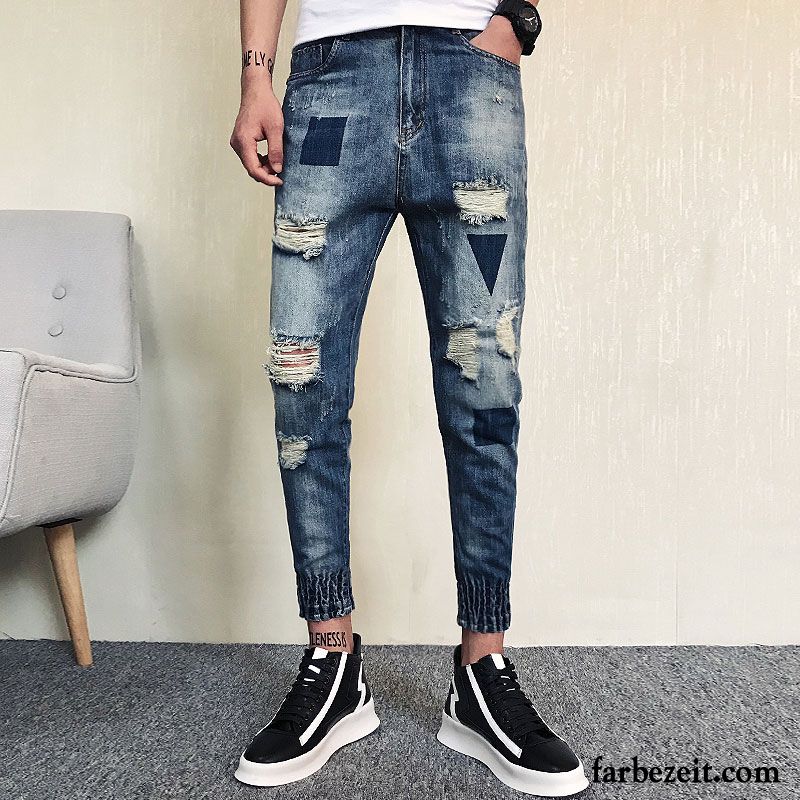 Jeanshosen Günstig Herren Herbst Löcher Trend Schmales Bein Persönlichkeit Schlank Hose Blau Jeans Rabatt