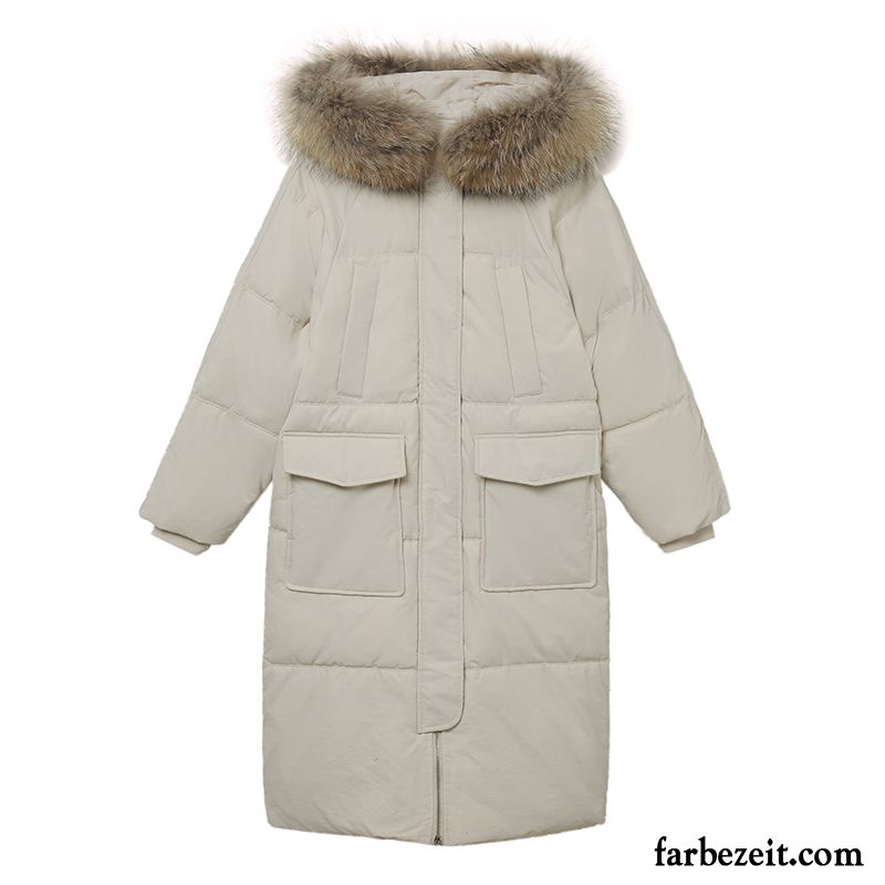 Baumwolle Mantel Damen Allgleiches Baumwollgepolsterte Neu Winter Langer Abschnitt Überzieher Weiß Beige