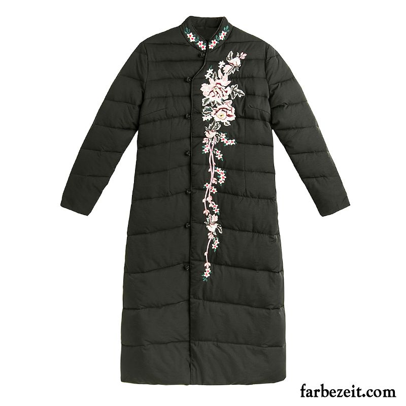 Baumwolle Mantel Damen Bestickt Langer Abschnitt Nationalen Stil Chinesischer Stil Stickerei Neu Schwarz