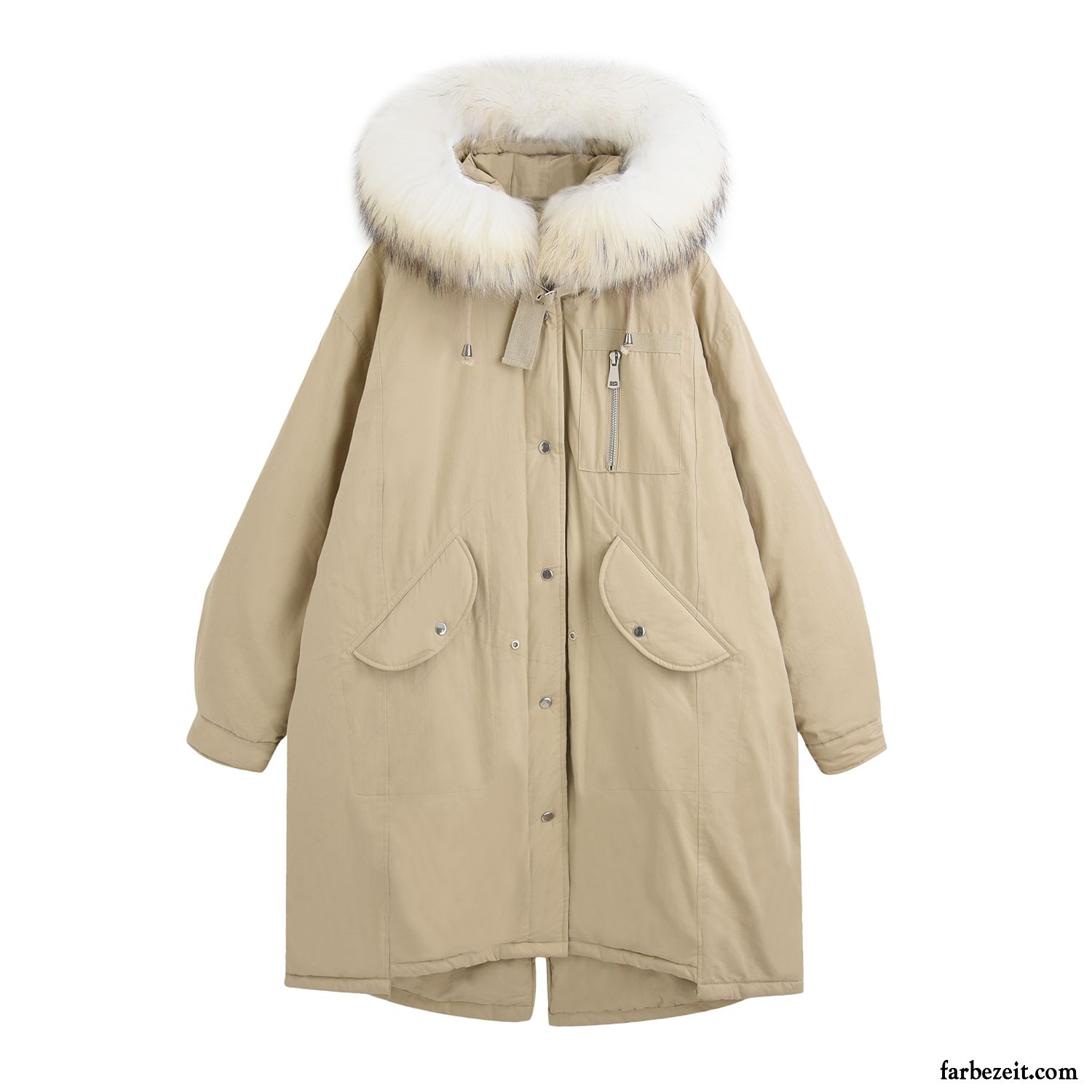 Baumwolle Mantel Damen Neue Winter Langer Abschnitt Großer Pelzkragen Khaki Hell