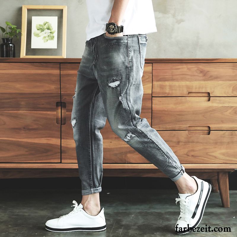 Biker Jeans Herren Schwarz Lose Schwarz Freizeit Harlan Allgleiches Jeans Neunte Hose Trend Löcher Sommer Günstig