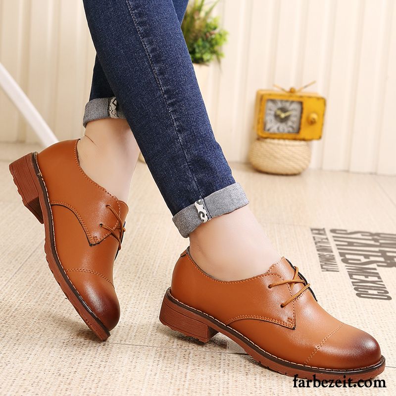 Billige Schuhe Online Kaufen Retro Damen Casual Echtleder England Flache Dick Schnürschuhe Feder Hochschule Wind Lederschuhe Günstig