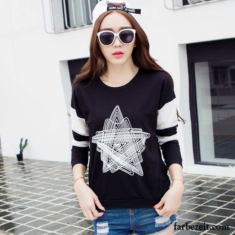 Blau Weiß Gestreift T Shirt Damen Mode Lange Ärmel Drucken Pentagramm Rein Neu Lose T-shirts Herbst Muster Baumwolle Rabatt