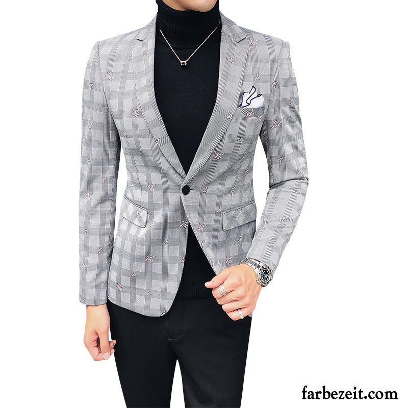 Blazer Beige Slim Fit Anzüg Jugend Herren Blazer Freizeit Persönlichkeit Überzieher Schlank Blume Winter Herbst Mode Neu Rabatt