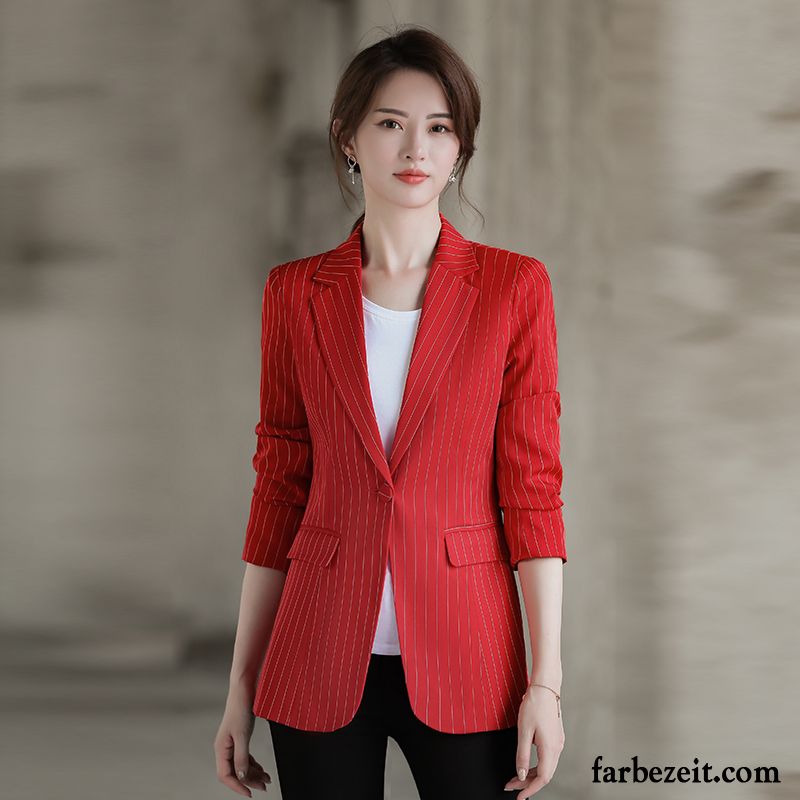 Blazer Damen Überzieher Langer Abschnitt Anzüge Herbst Streifen Mantel Rot