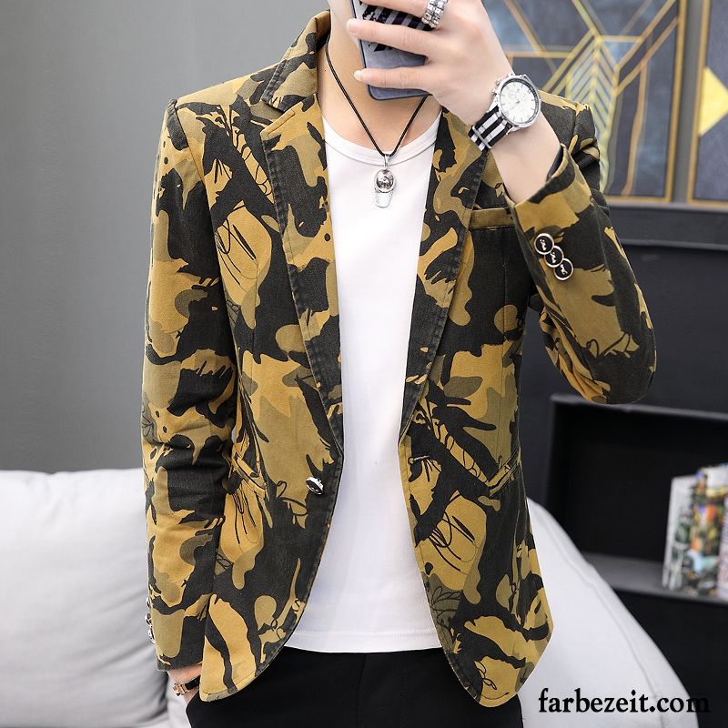 Blazer Herren Überzieher England Schlank Kostüm Schüler Anzüg Camouflage Braun