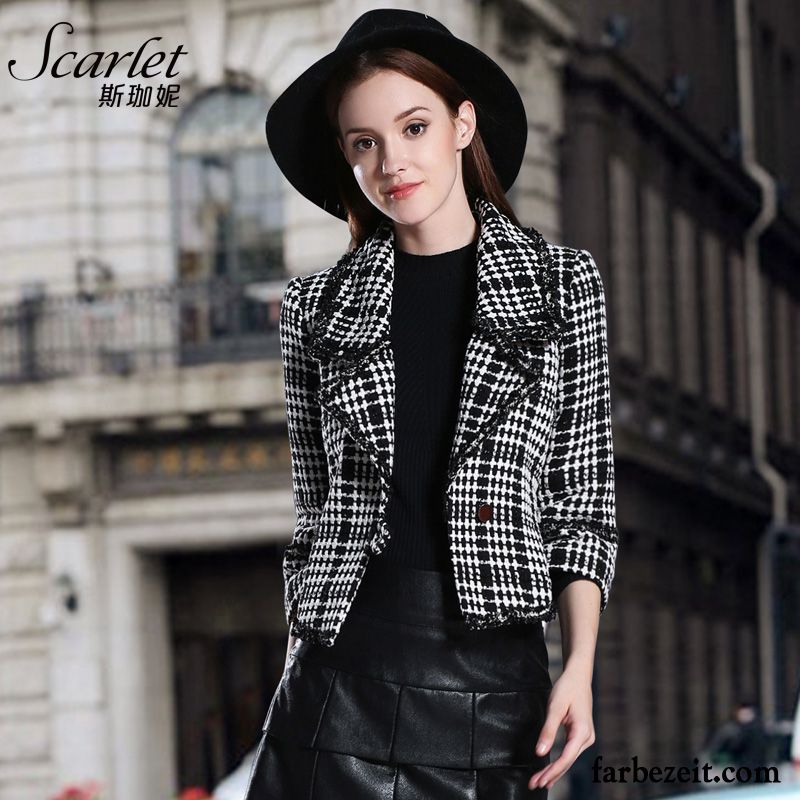 Blazer Schwarz Weiß Muster Kurzer Absatz Allgleiches Dünn Mäntel Wolle Anzüge Herbst Winter Gitter Schlank Neu Überzieher Bolero Damen Revers Kaufen