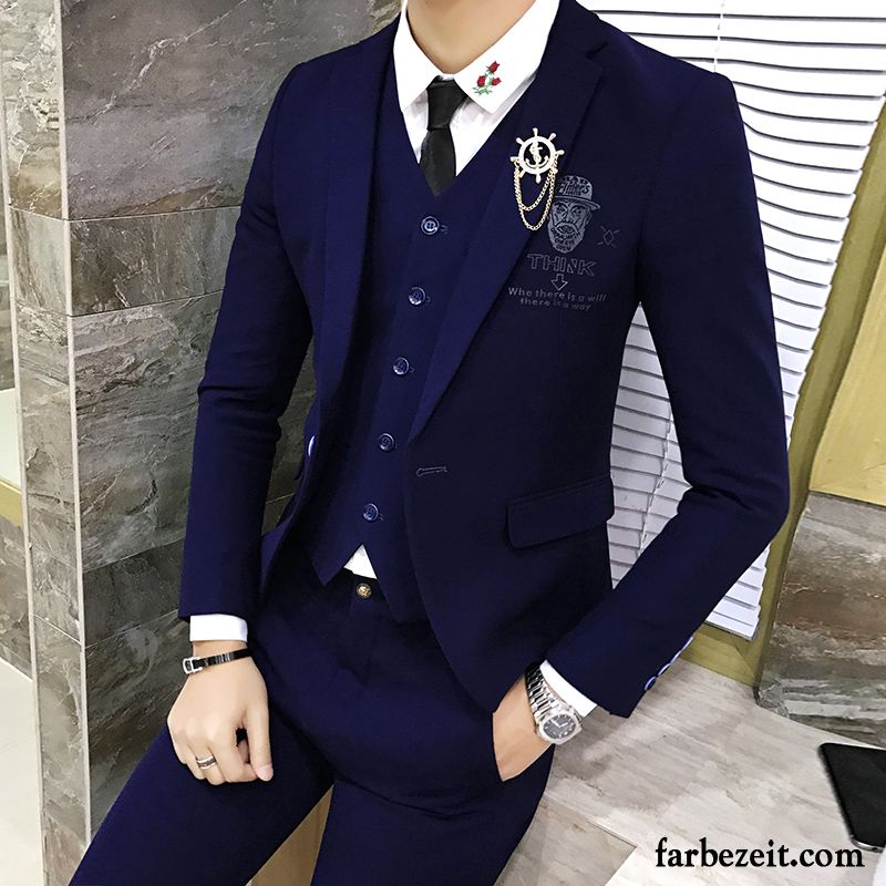 Blazer Slim Fit Blau Anzüg Kleid Neu Herbst Verdickung Winter Persönlichkeit Drucken Jugend Schlank Herren Kostüm Verkaufen