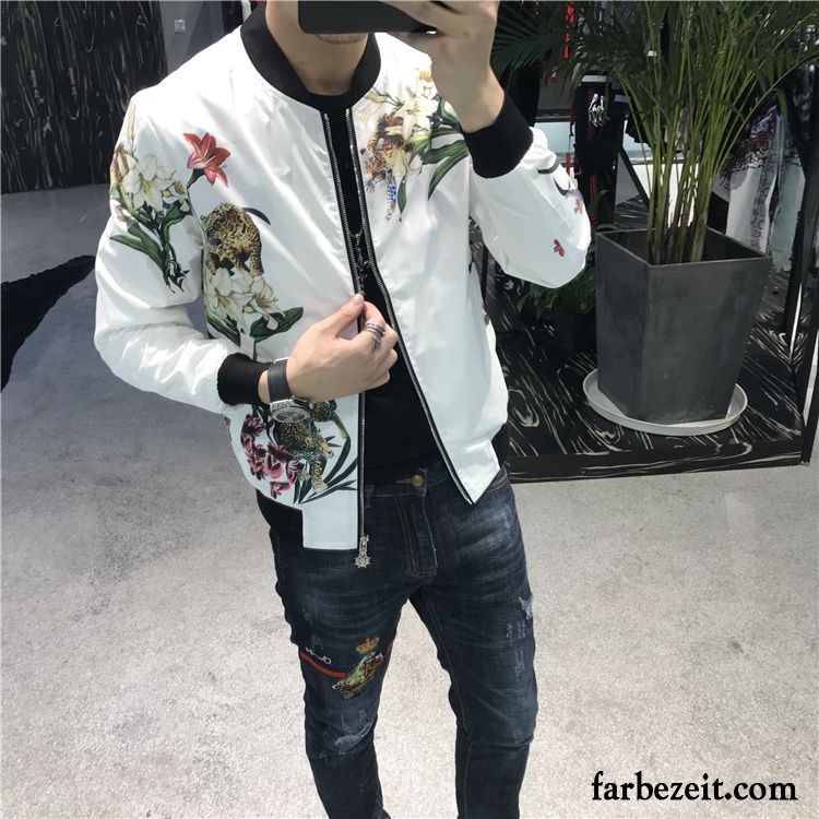 Blouson Herren Sommer Sport Weiß Herbst Schlank Drucken Allgleiches Freizeit Jacke Überzieher Blume Trend Persönlichkeit Verkaufen