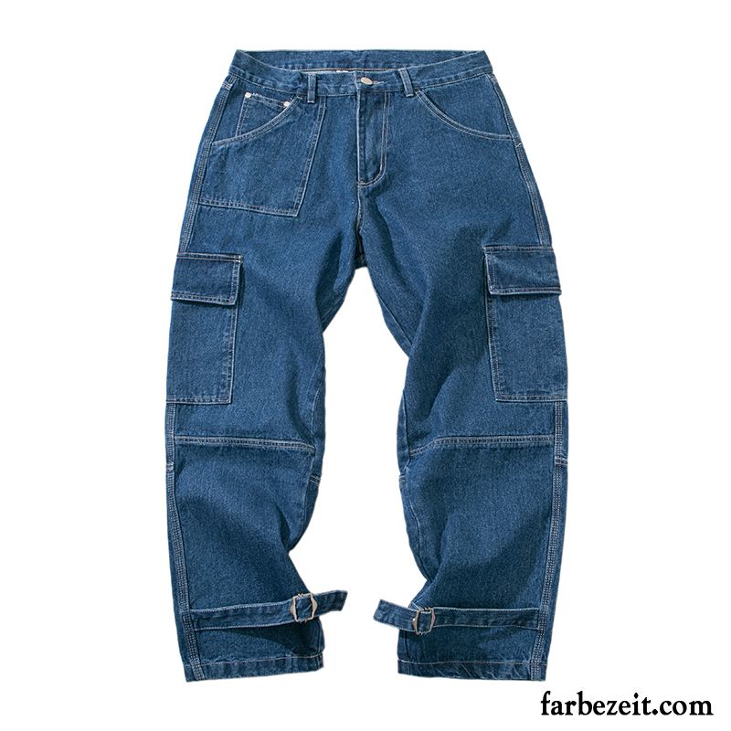 Cargohose Herren Werkzeugbau Jeans Lose Freizeit Trend Gerade Dunkelblau