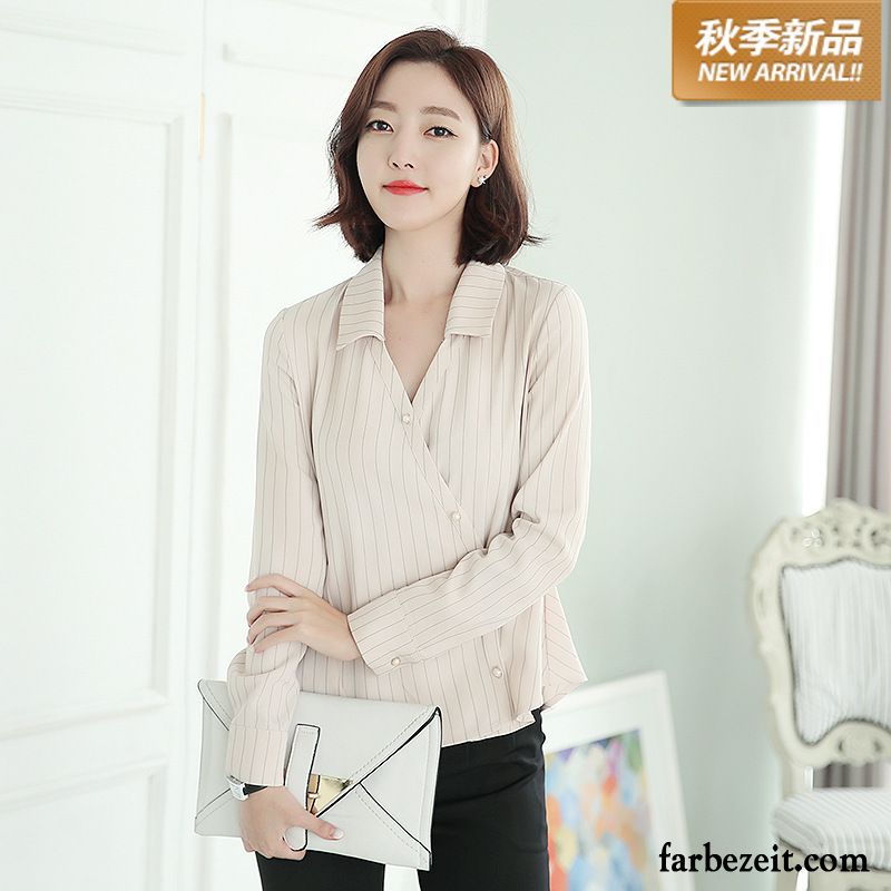 Damen Bluse Braun Lange Ärmel Schlank Neu Quadratischer Kragen Blusen Chiffon Einreihige Taste Herbst Streifen Strickjacke Spleißen Kaufen