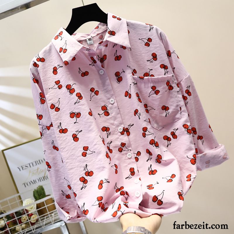 Damen Chiffon Bluse Mantel Blusen Lange Ärmel Rosa Süß Schläger Große Größe Drucken Langer Abschnitt Neu Lose Billig