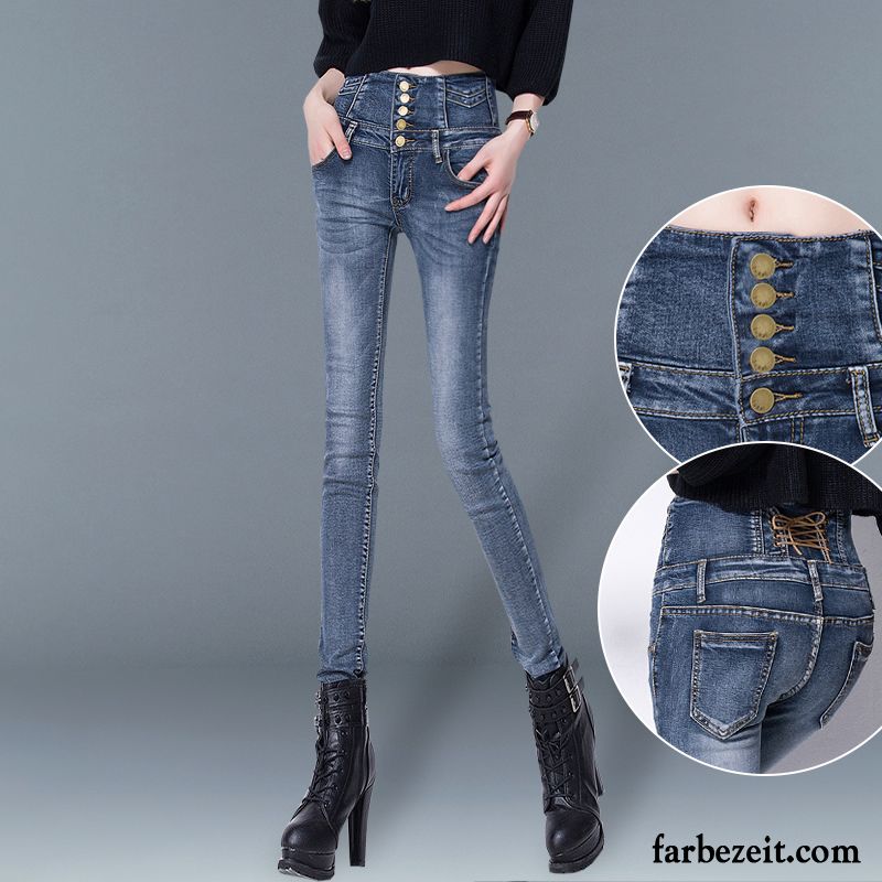 Damen Jeans In Kurzgrößen Enger Schnallen Winter Bleistift Hose Schüler Jeans Schmales Bein Hohe Taille Schaltflächen Sortieren Schwarz Trend Neu Herbst Kaufen