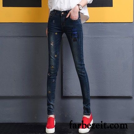 Damen Jeans Gummibund Bleistift Hose Stickerei Elastisch Schlank Schüler Plus Samt Jeans Winter Schmales Bein Verdickung Baumwolle Günstig