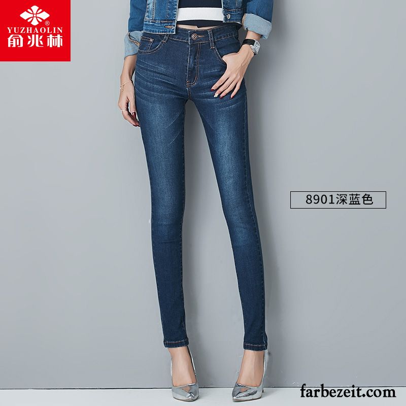 Damen Jeans Knöpfen Vorne Hohe Taille Dünn Plus Samt Neu Trend Jeans Winter Schwarz Verkaufen