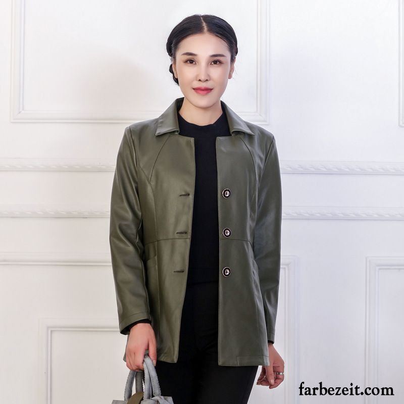 Damen Lederjacke Viskose Lederjacke Herbst Schlank Winter Langer Abschnitt Überzieher Neu Pu Große Größe Grün