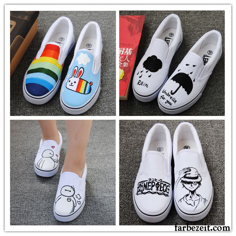 Damen Schnürschuhe Schwarz Faul Halbschuhe Slip-on Handgemalt Tuch Schuhe Neue Weiß Graffiti Billig