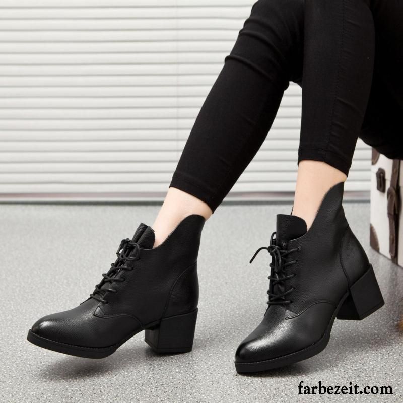 Damen Stiefel Mit Absatz Dick Kurze Stiefel Plus Samt Baumwolle Schuhe Herbst Winter Schwarz Martin Stiehlt Schnürung Echtleder Billig