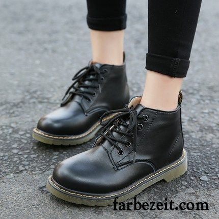 Damen Winterstiefel Schwarz Herbst Schwarz Niedrig England Kurze Flache Winter Martin Stiehlt Runde Zehe Schüler Feder Kaufen