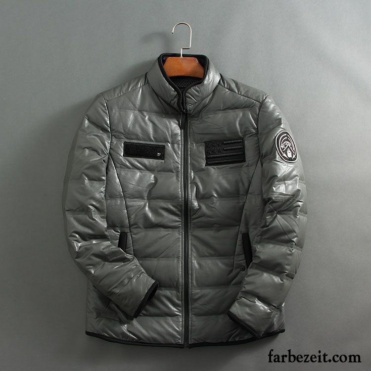 Daunenjacke Mode Herren Winter Warme Leder Stehkragen Freizeit Überzieher Daunenjacke Grau Billig