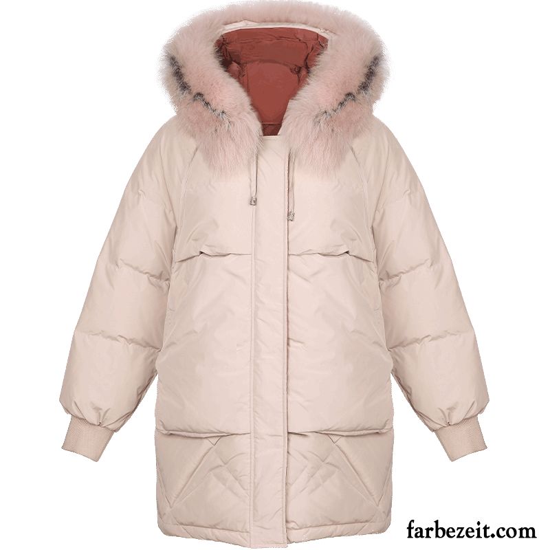 Daunenjacken Damen Winter Großer Pelzkragen Lange Ärmel Beige Farbe