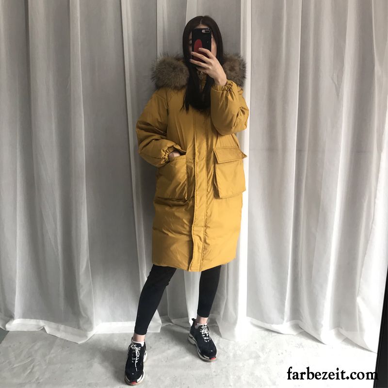 Daunenweste Damen Günstig Winter Langer Abschnitt Daunenjacke Trend Gelb Pelz Kragen Lose Großer Pelzkragen Große Größe Neu Sale