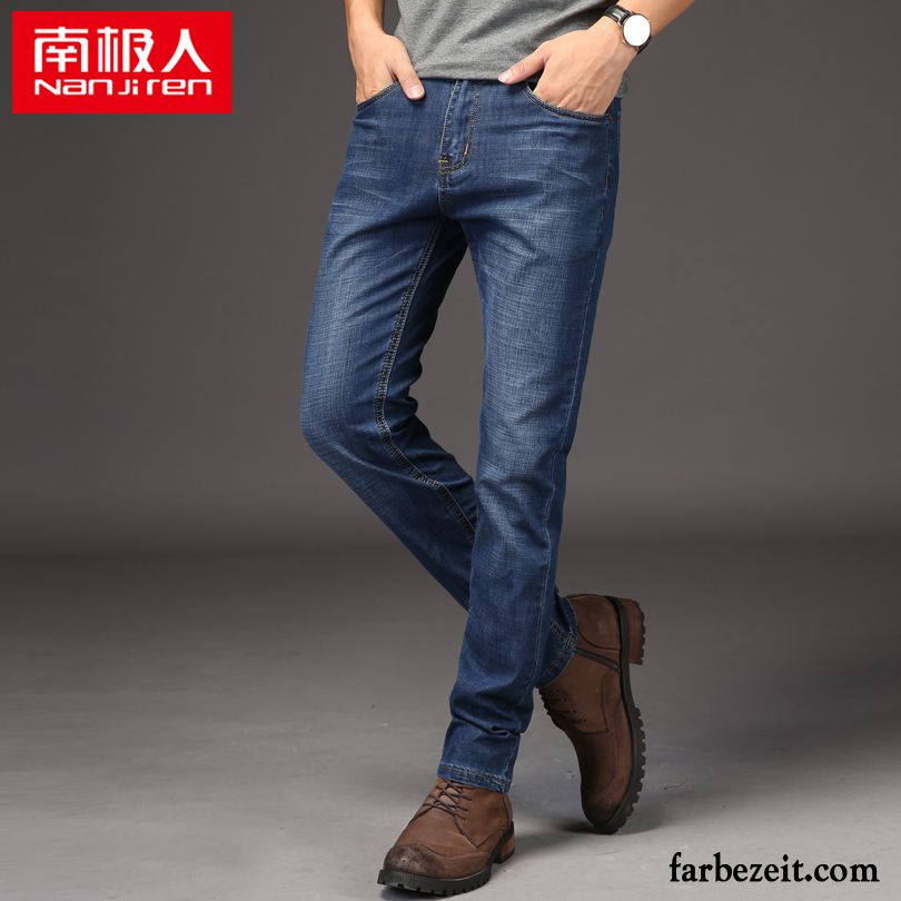 Dunkelblaue Jeans Herren Jeans Hose Sommer Blau Elastisch Große Größe Feder Lange Schlank Gerade Sale