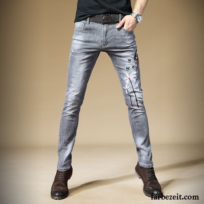 Enge Jeans Herren Grau Bestickt Dünn Schlank Trend Elastisch Hose Jeans Stickerei Günstig