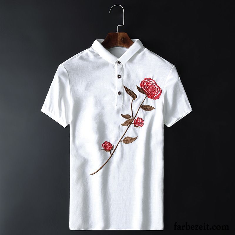 Extravagante T Shirts Herren Revers Rose Blume Chinesischer Stil Schlank Stickerei Dünn Günstig