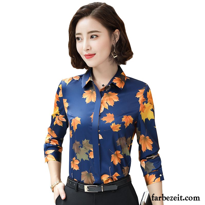 Festliche Blusen Und Tops Lange Ärmel Neue Blume Drucken Große Größe Mantel Blau Sommer Damen Retro Blusen Schlank Billig