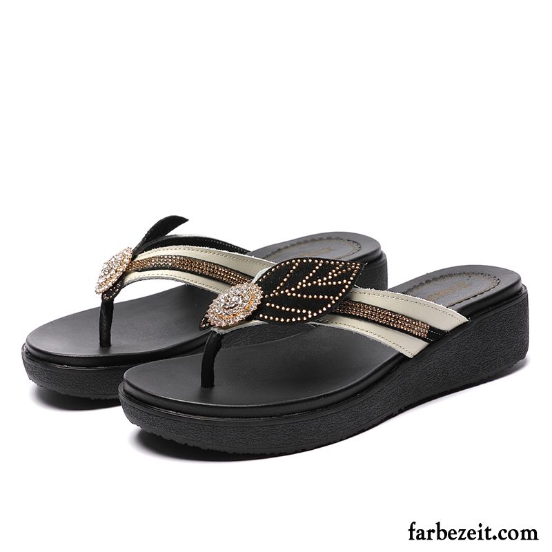 Flip Flops Damen Flache Pantolette Rutschsicher Echtleder Strasssteine Sandfarben Schwarz