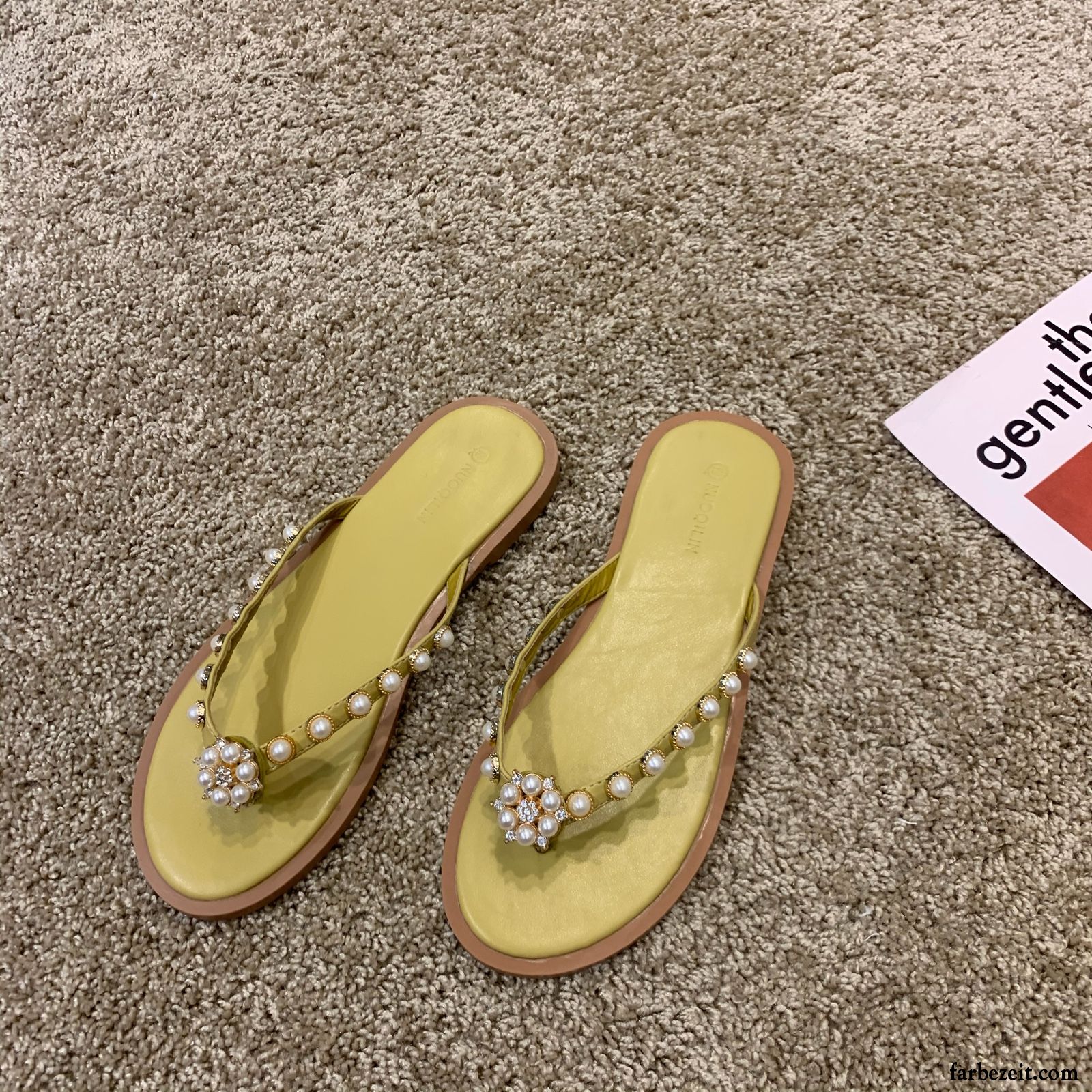 Flip Flops Damen Hausschuhe Perle Flache Einfach Sandfarben Gelb