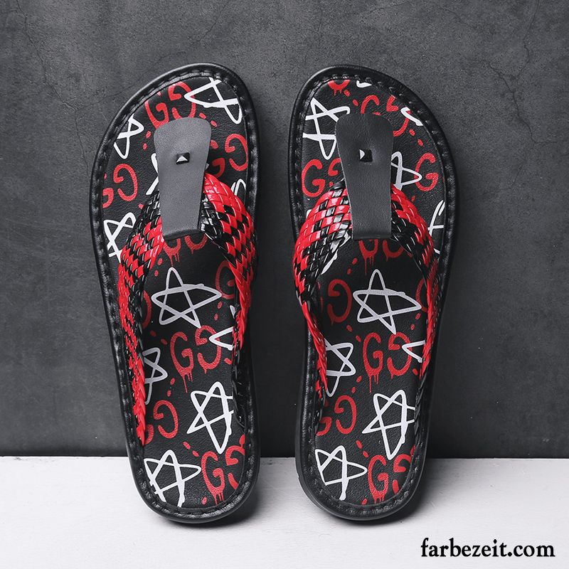 Flip Flops Herren Leder Hausschuhe Oberleder Echtleder Graffiti Rot