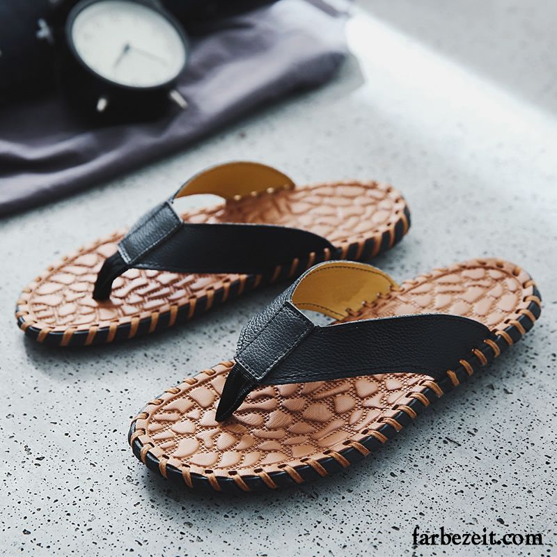 Flip Flops Herren Rutschsicher Persönlichkeit Sommer Echtleder England Trend Sandfarben Schwarz Rot