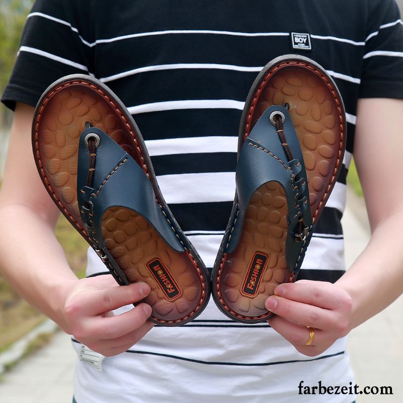 Flip Flops Herren Schuhe Neue Hausschuhe Trend Sommer Weiche Sohle Dunkelblau Sandfarben