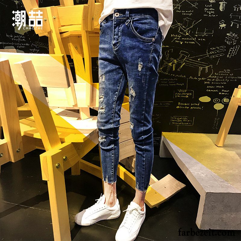 Gestreifte Jeans Herren Rand Dünn Löcher Herbst Schlank Jeans Trend Sommer Billig