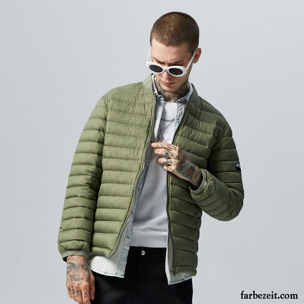 Glänzende Daunenjacke Daunenjacke Einfach Trend Herbst Licht Grün Herren Stehkragen Günstig