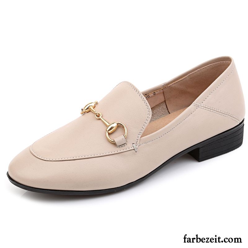 Halbschuhe Damen Echtleder Runde Zehe Allgleiches Große Größe Weiche Sohle Casual Beige Hell