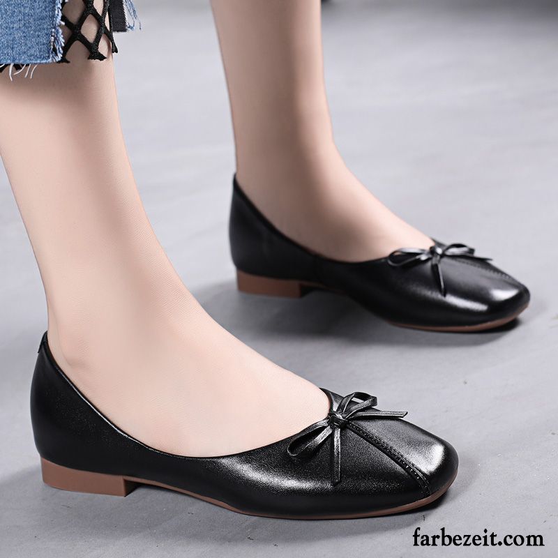 Halbschuhe Damen Schnürschuhe Echtleder Flache Slip-on Oxford Sohle Alle Jahreszeiten Schwarz