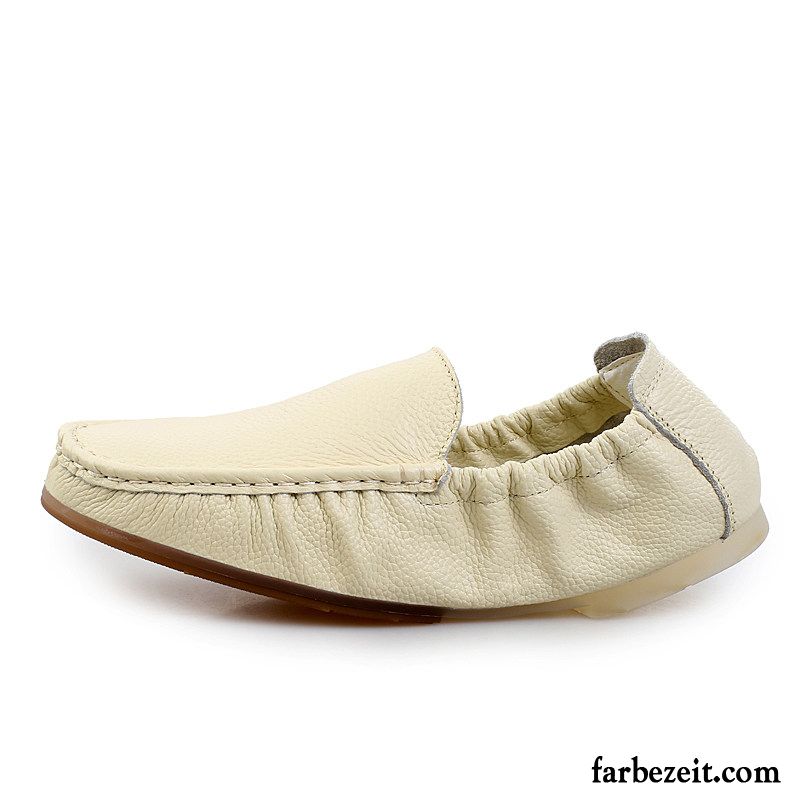 Halbschuhe Herren Slip-on Leder Lederschue Oberleder Faul Weiche Sohle Weiß Beige