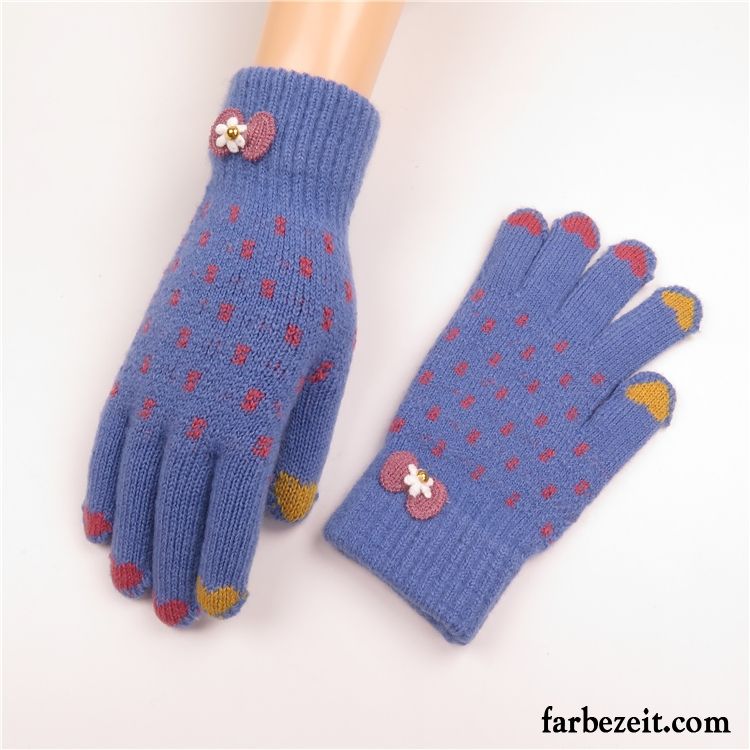 Handschuhe Damen Stricken Winter Niedlich Liebe Samt Touchscreen Blau