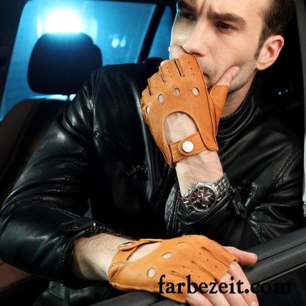 Handschuhe Herren Peau De Daim Halber Finger Echt Leder Kurz Frühling Sommer Braun