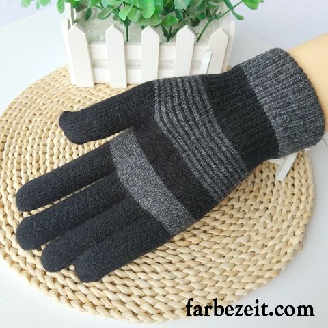 Handschuhe Herren Stricken Fünf Finger Schafwolle Student Kalte Winter Schwarz