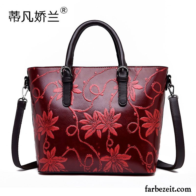 Handtaschen Damen Stickerei Mittleren Alters Umhängetasche Mode Groß Einfach Rot