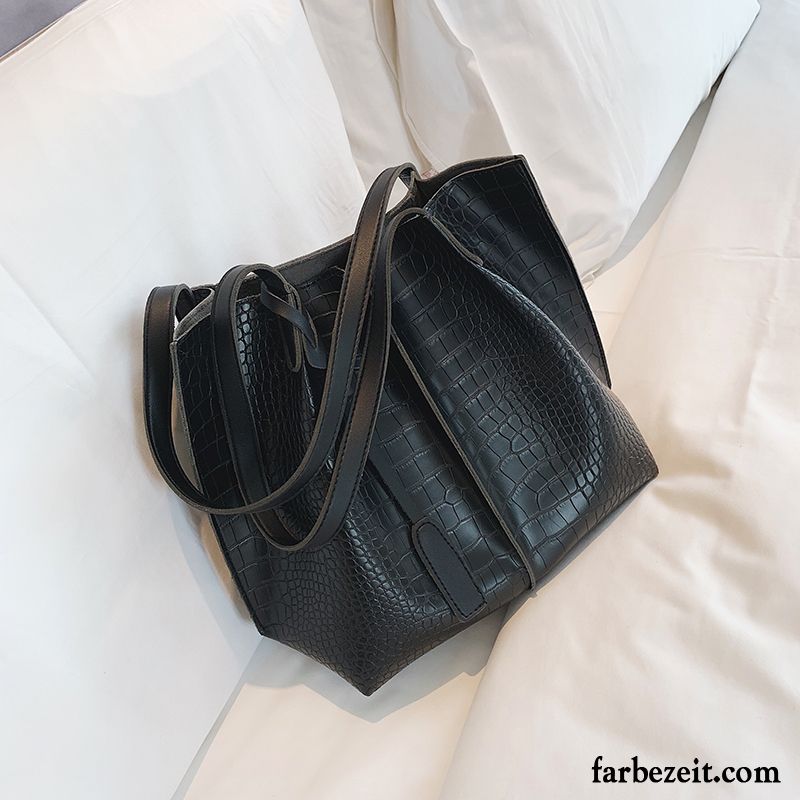 Handtaschen Damen Texture Große Kapazität Einkaufen Mode Einfach Neu Schwarz